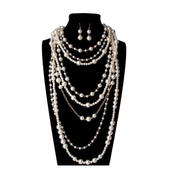Multi-Layer Faux Pearl Necklace & Earrings Set – Statement Jewelry for Special O - Picture 1 of 2